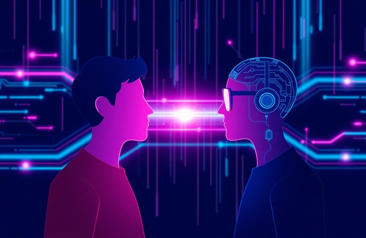 Operator and engineer facing each other across data